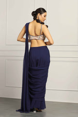 Navy Blue Georgette Sharara Pant Saree Set