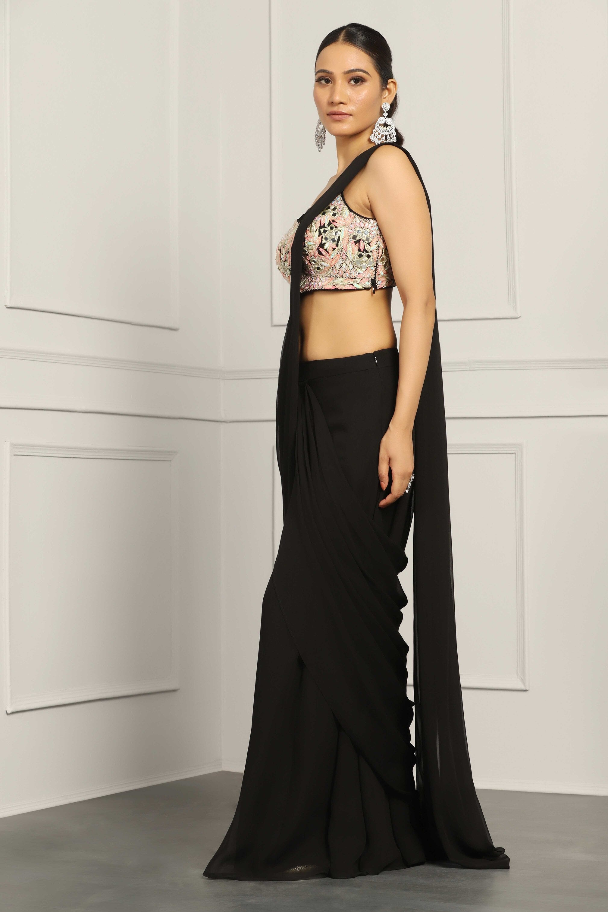 Black Georgette Sharara Pant Saree Set