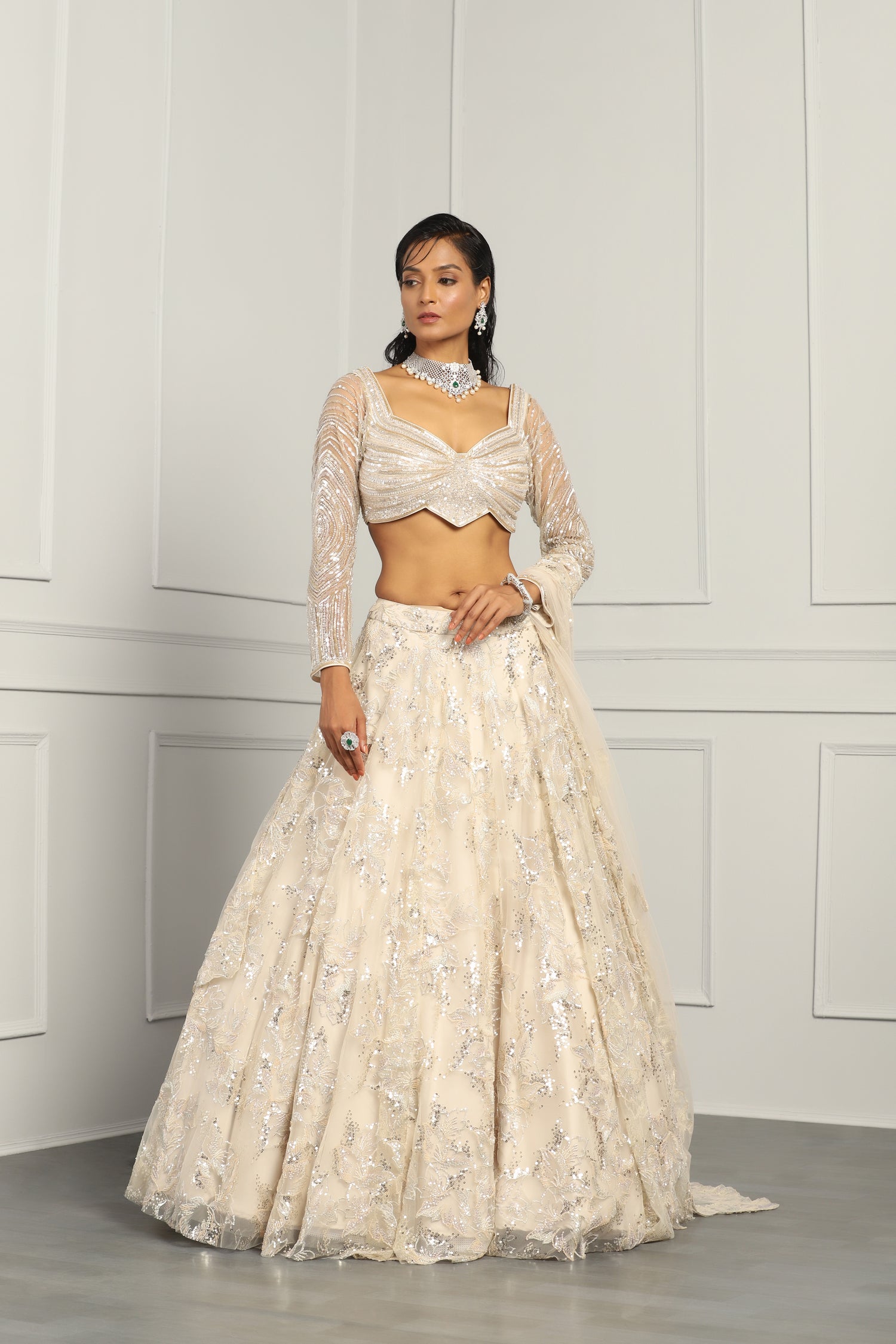 Sequin And Beads Work Ivory Lehenga Set