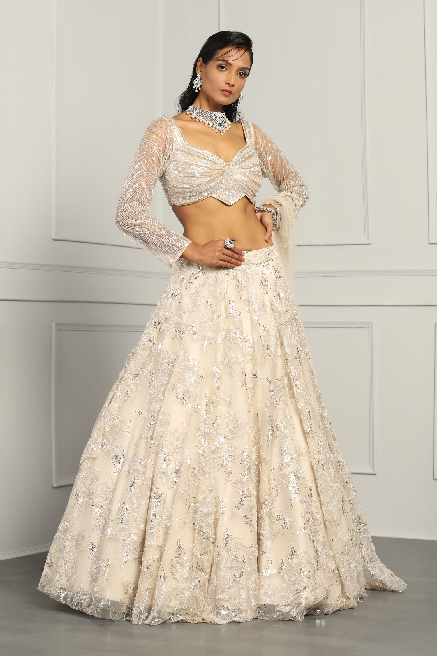 Sequin And Beads Work Ivory Lehenga Set