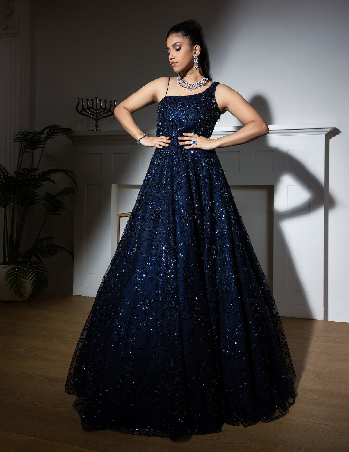 Midnight Blue Net Sequins Embroidered Gown