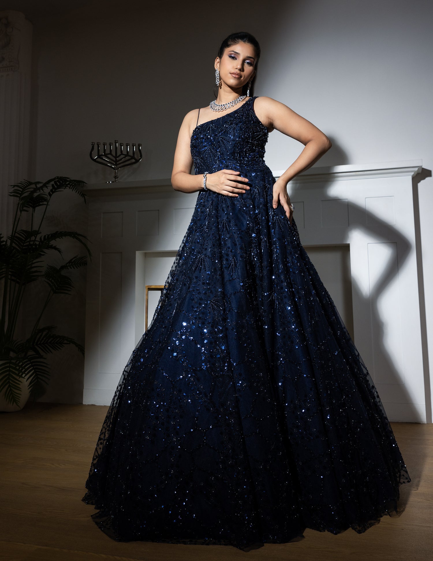 Midnight Blue Net Sequins Embroidered Gown