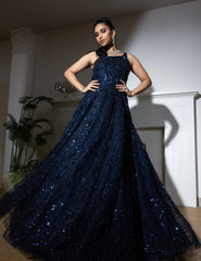 Midnight Blue Net Sequins Embroidered Gown