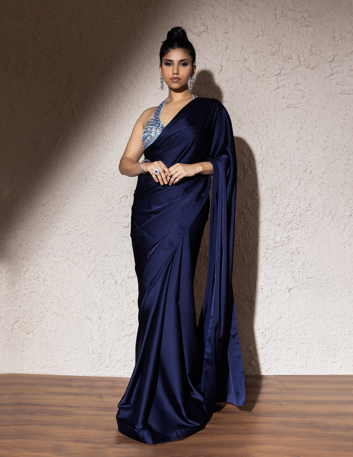 Blue Armani Satin Saree Set