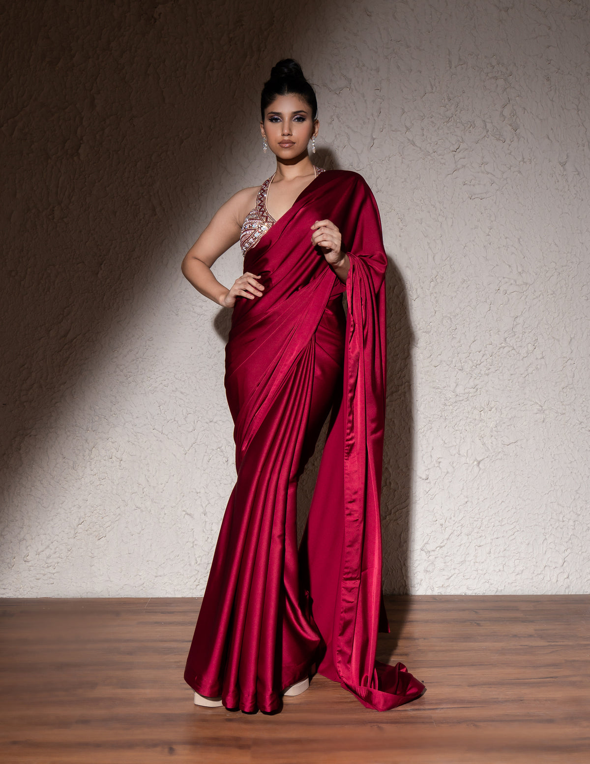 Red Armani Satin Saree Set