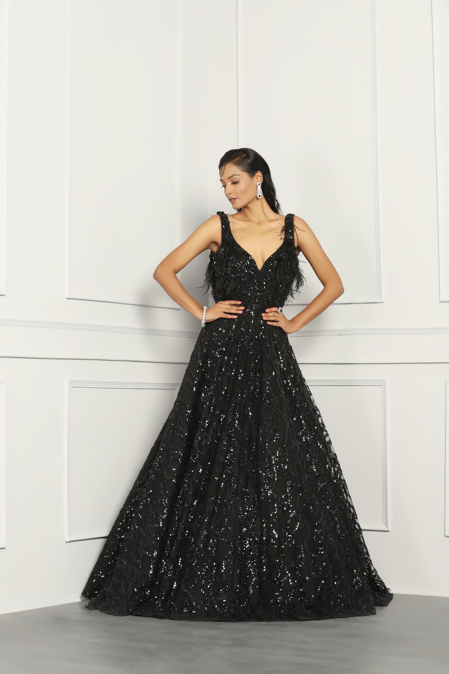 Black Net Sequin Embroidered gown.