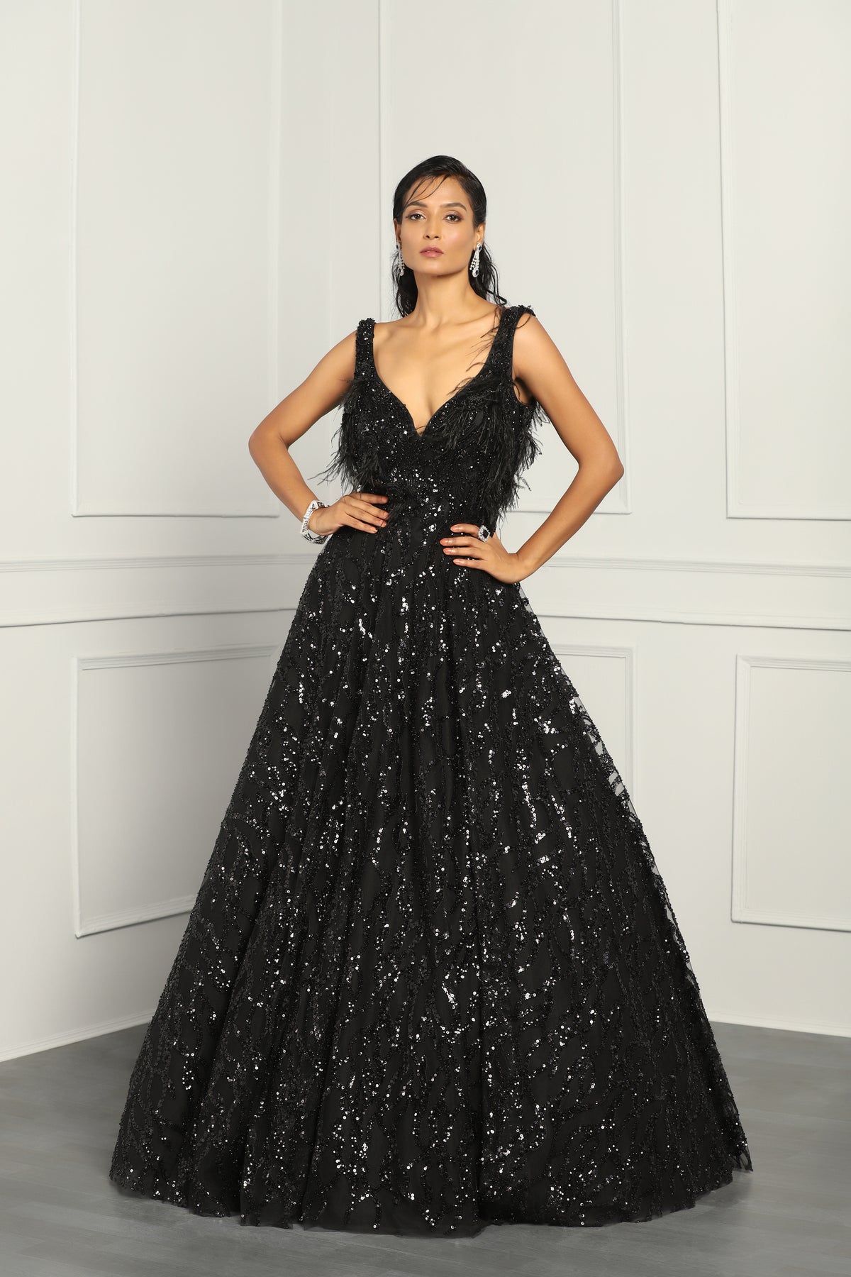 Black Net Sequin Embroidered gown.