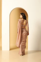 Rose Pink Georgette Cutdana Embroidered Saree Set.