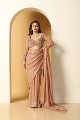 Rose Pink Georgette Cutdana Embroidered Saree Set.