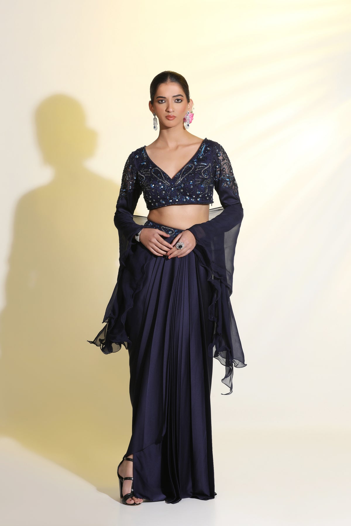 Elegant navy blue drape dress