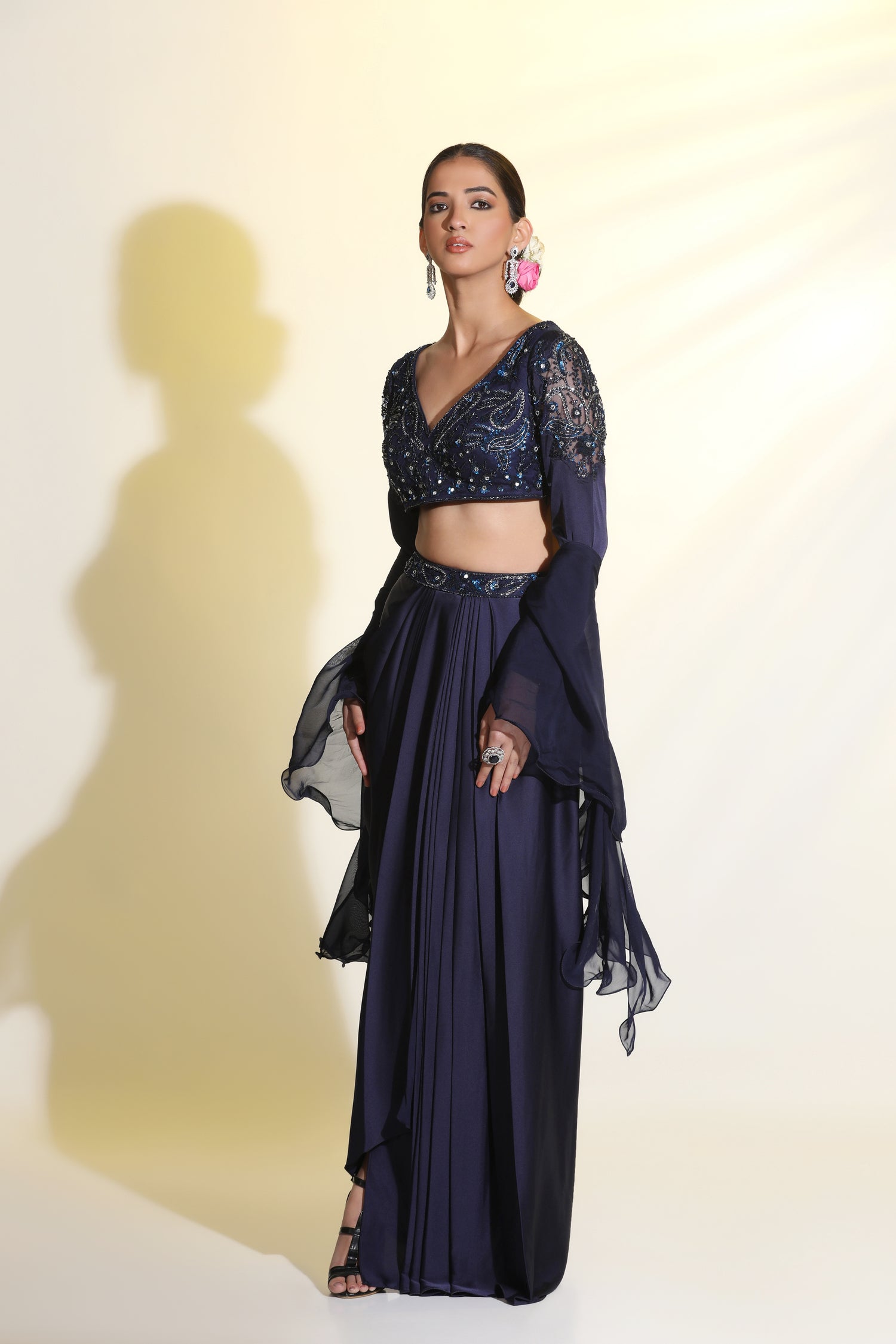 Elegant navy blue drape dress