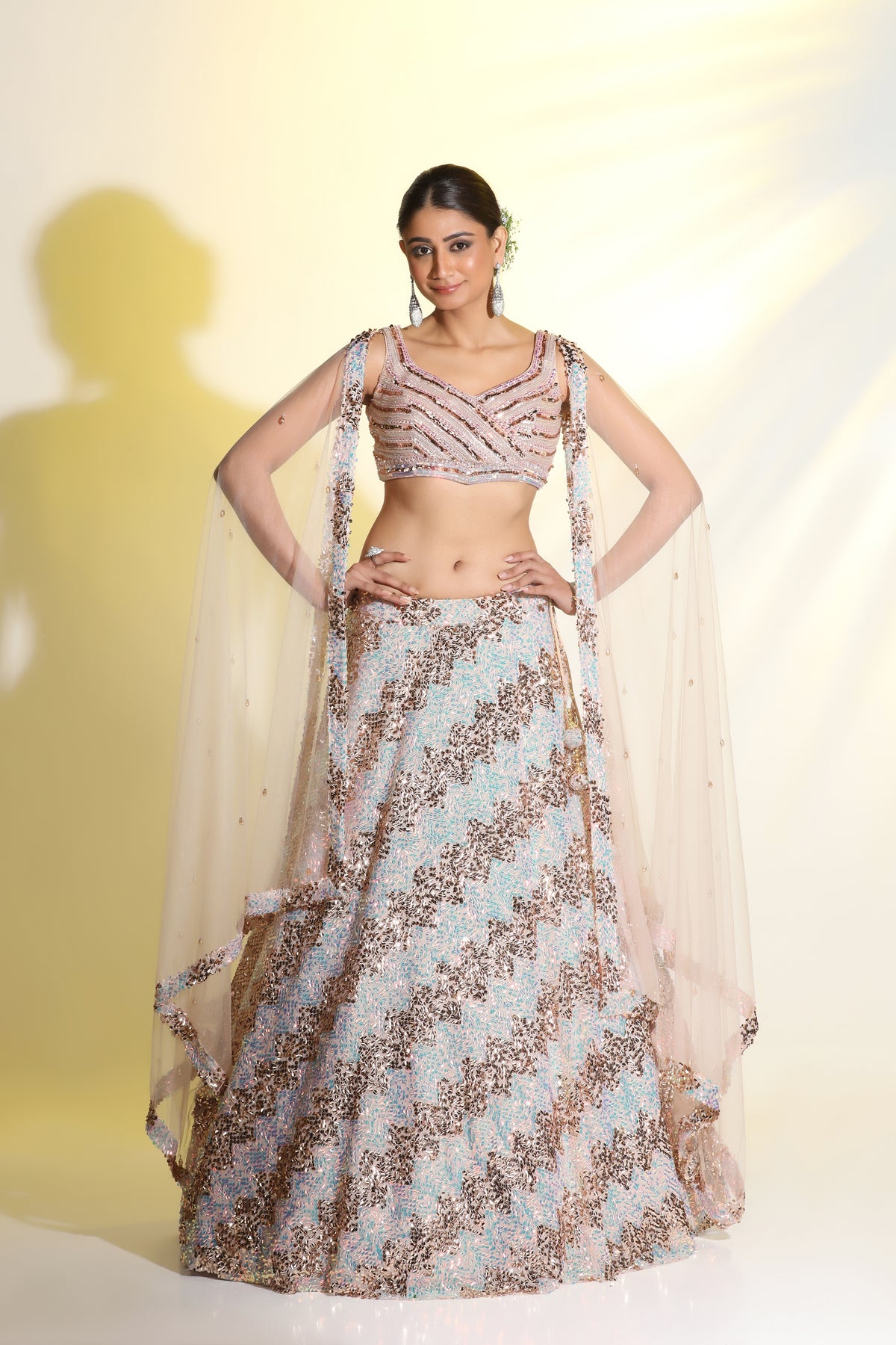 Light peach glossy lehenga