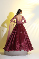 Wine Draped Gown with 3D Embroidery