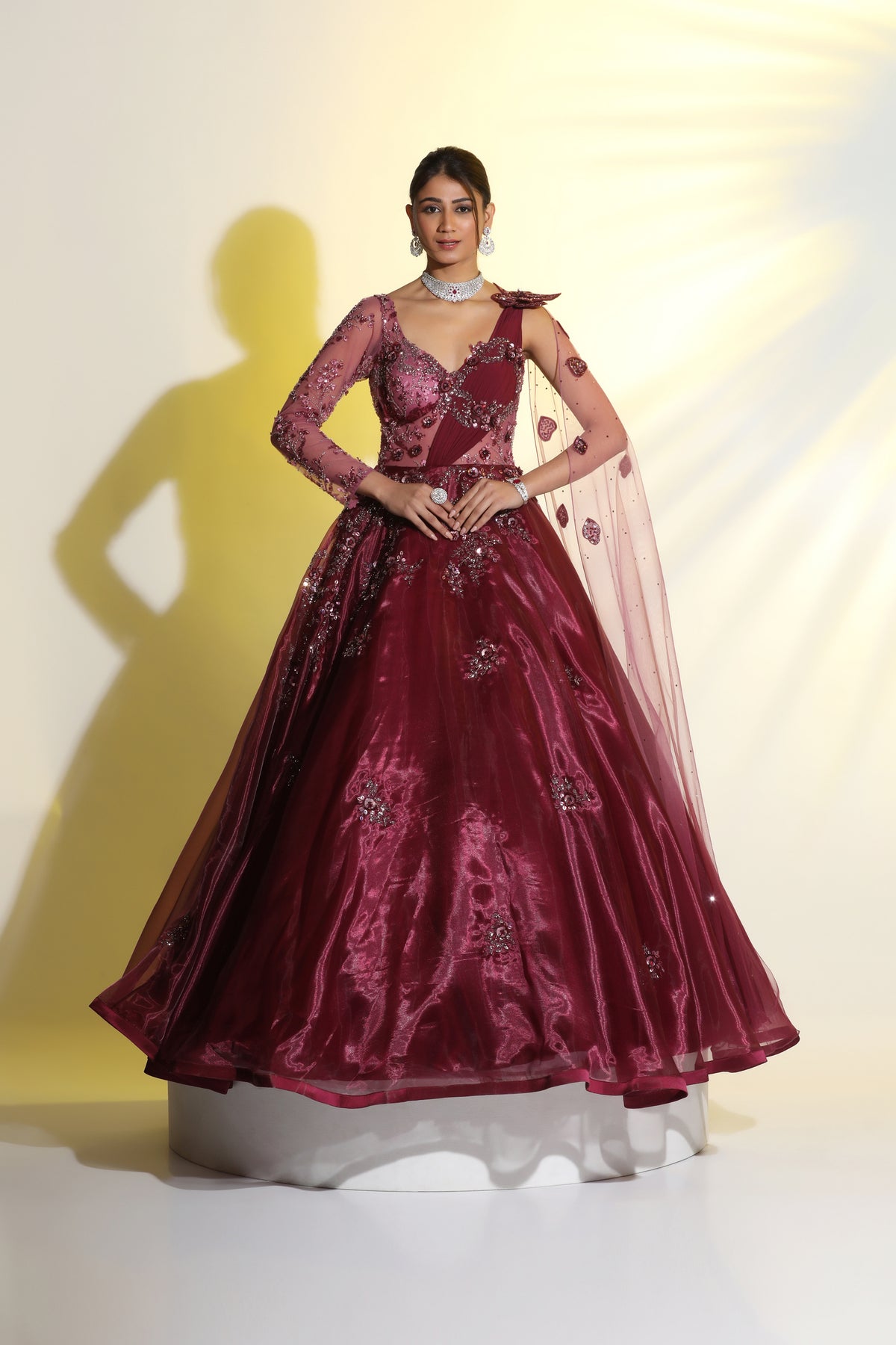 Wine Draped Gown with 3D Embroidery