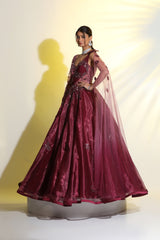 Wine Draped Gown with 3D Embroidery