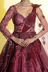 Wine Draped Gown with 3D Embroidery