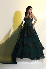 Emerald Green 3D Embroidered Ruffle Gown