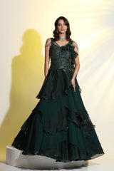 Emerald Green 3D Embroidered Ruffle Gown