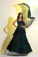 Emerald Green 3D Embroidered Ruffle Gown