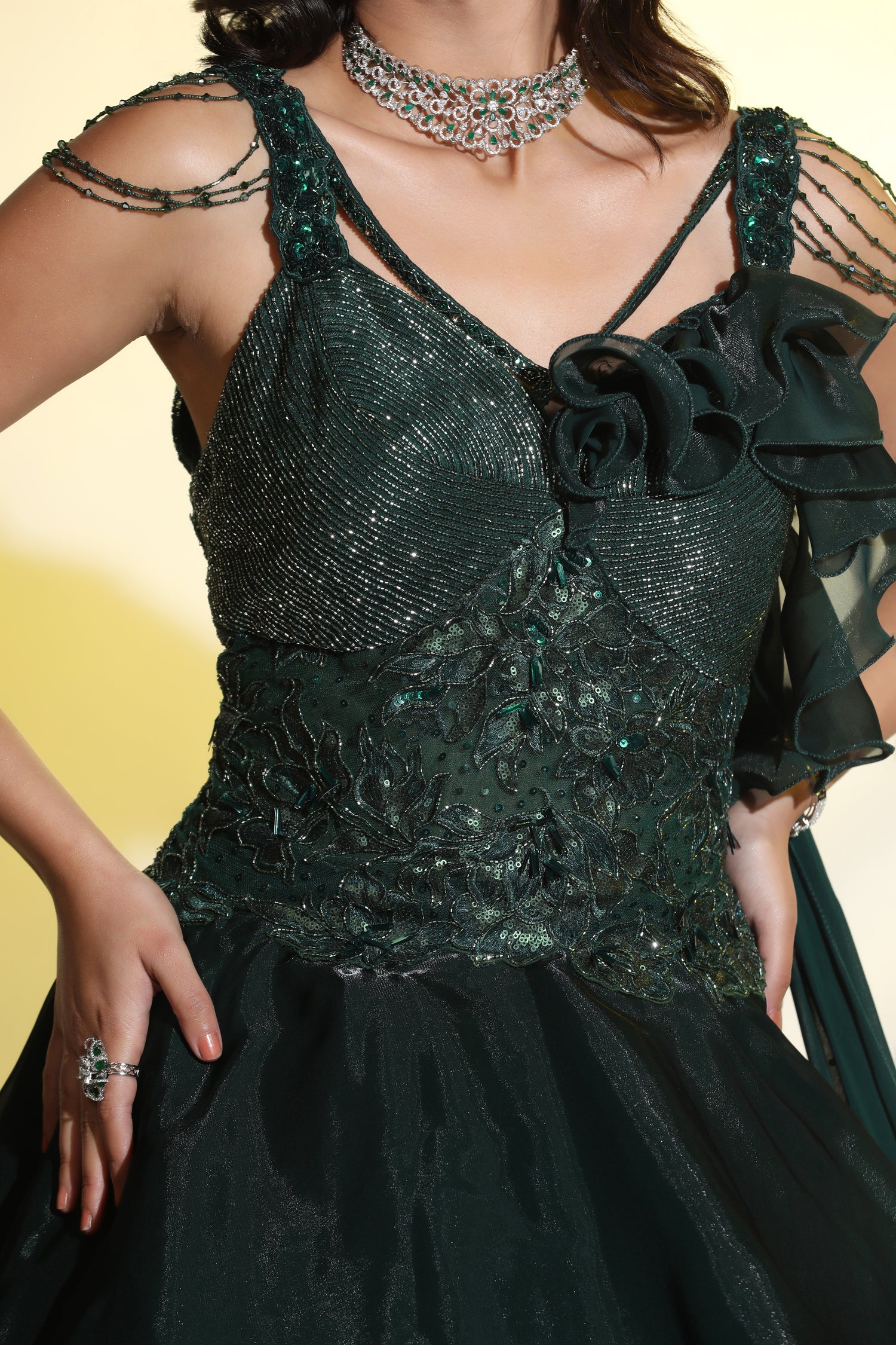 Emerald Green 3D Embroidered Ruffle Gown