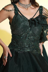 Emerald Green 3D Embroidered Ruffle Gown