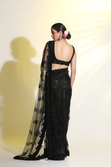 Black Indian Motif flower embroided Saree with 3D Blouse