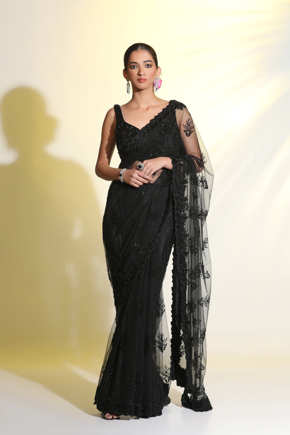 Black Indian Motif flower embroided Saree with 3D Blouse