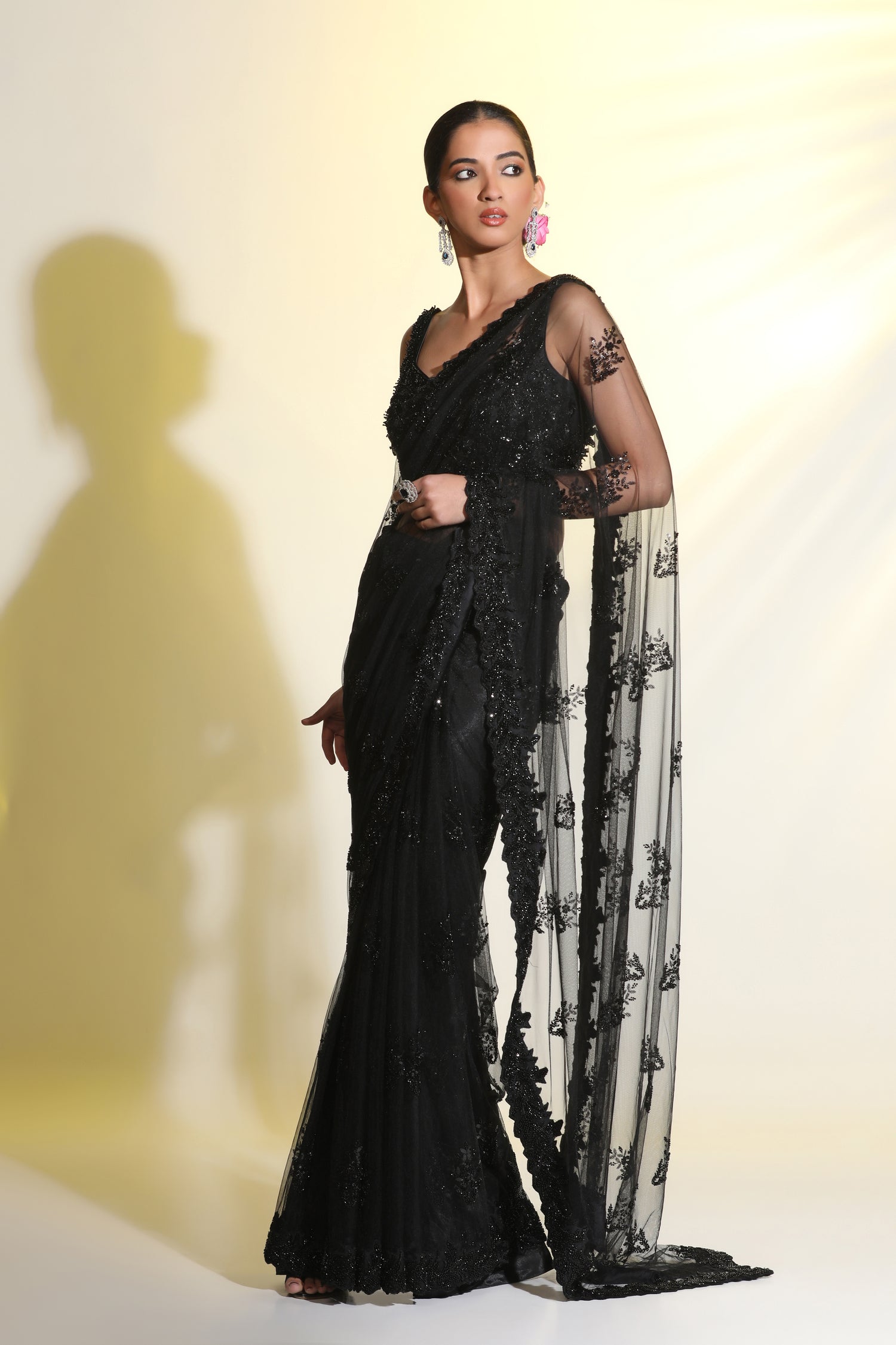 Black Indian Motif flower embroided Saree with 3D Blouse