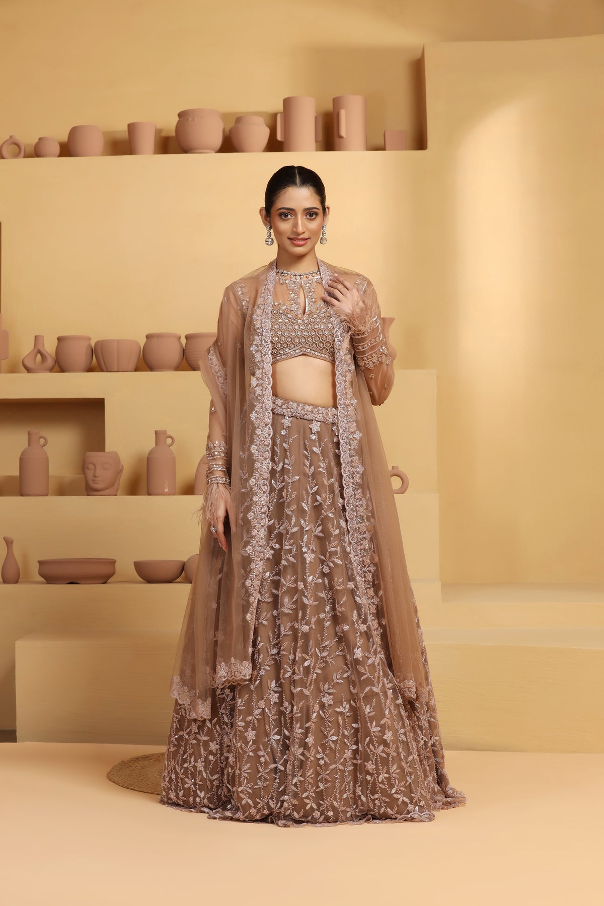 Net Flower motif kalidar Lehenga with geomatric choli.