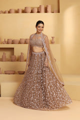 Net Flower motif kalidar Lehenga with geomatric choli.