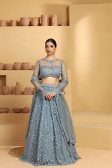 Net Flower motif kalidar Lehenga with geomatric choli.