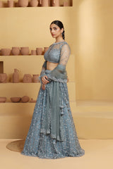 Net Flower motif kalidar Lehenga with geomatric choli.