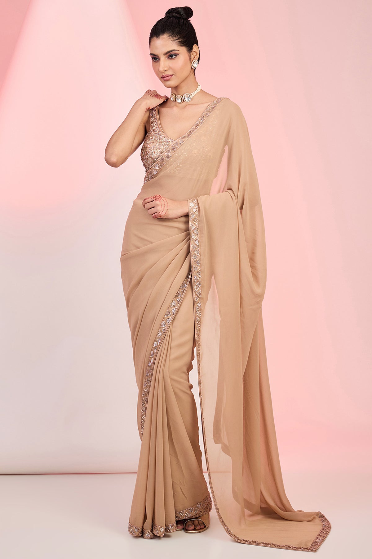 Fawn Georgette Cutdana & Sequins Hand Embellished Saree Set