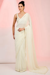 Ivory Georgette Cutdana & Sequins Hand Embellished Saree Set