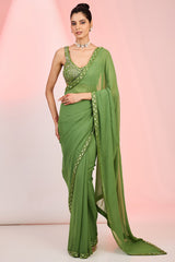 Mehendi Green Georgette Cutdana & Sequins Hand Embellished Saree Set.