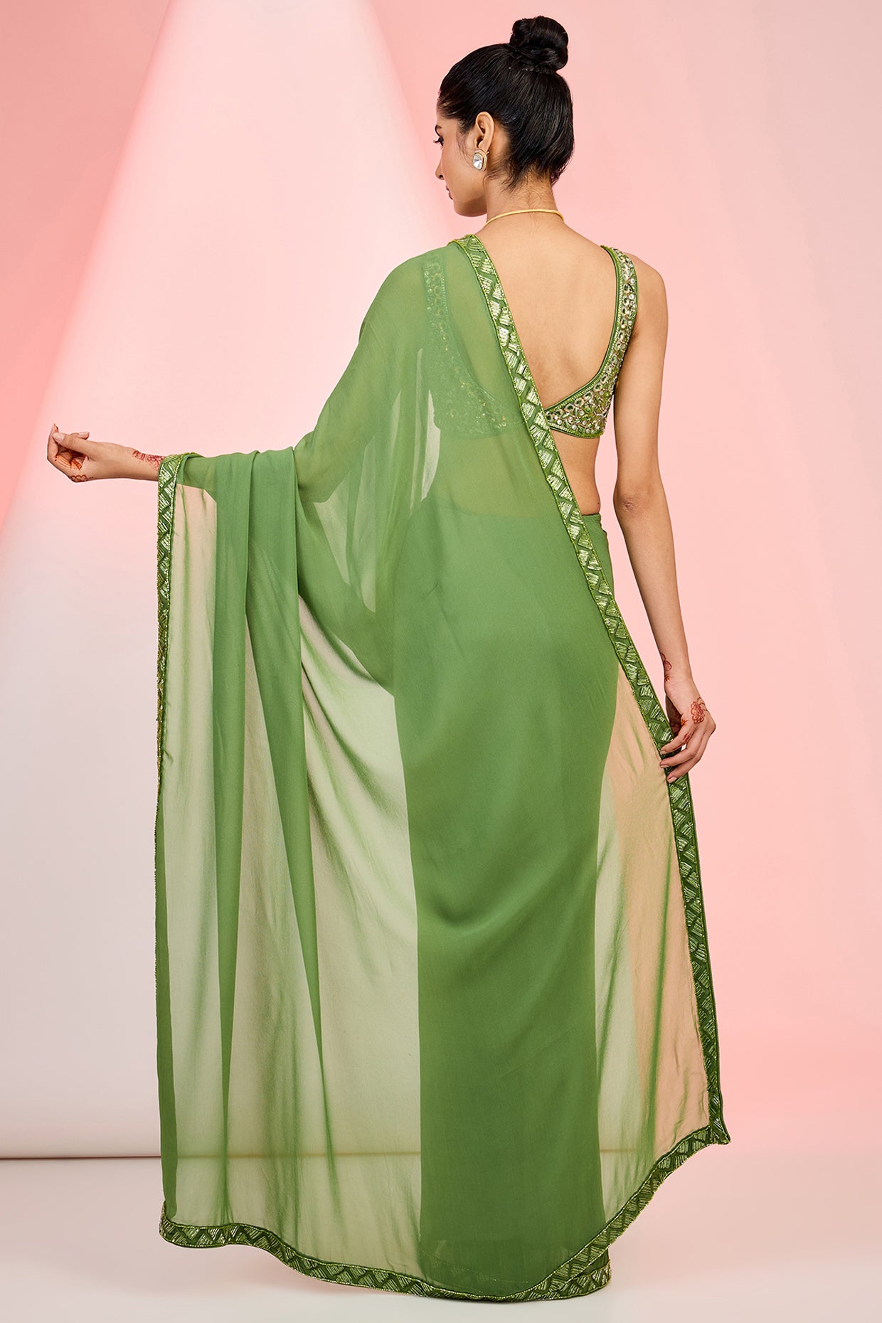 Mehendi Green Georgette Cutdana & Sequins Hand Embellished Saree Set.