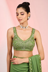 Mehendi Green Georgette Cutdana & Sequins Hand Embellished Saree Set.