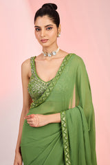 Mehendi Green Georgette Cutdana & Sequins Hand Embellished Saree Set.