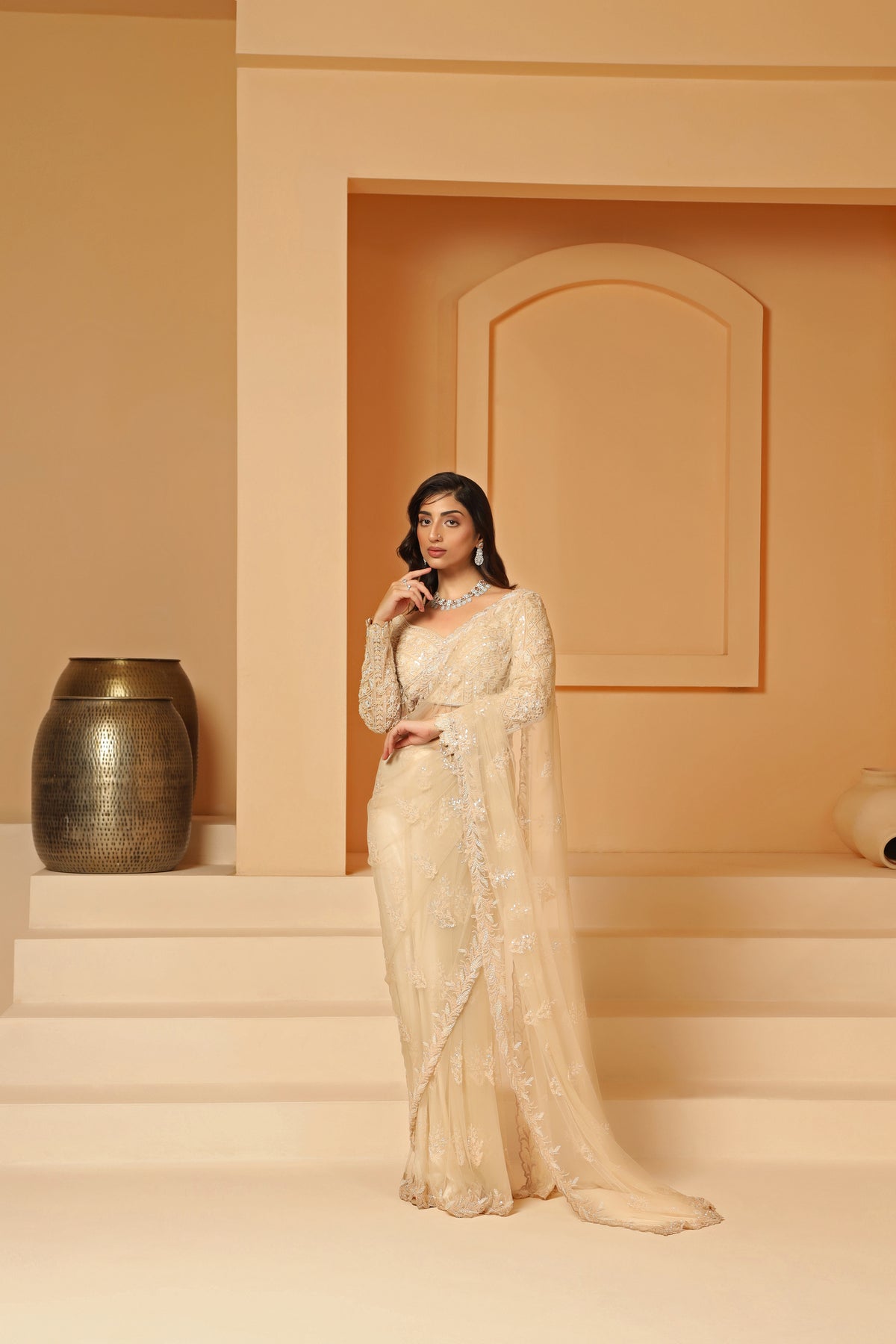 Net cutdana and beads work saree set.