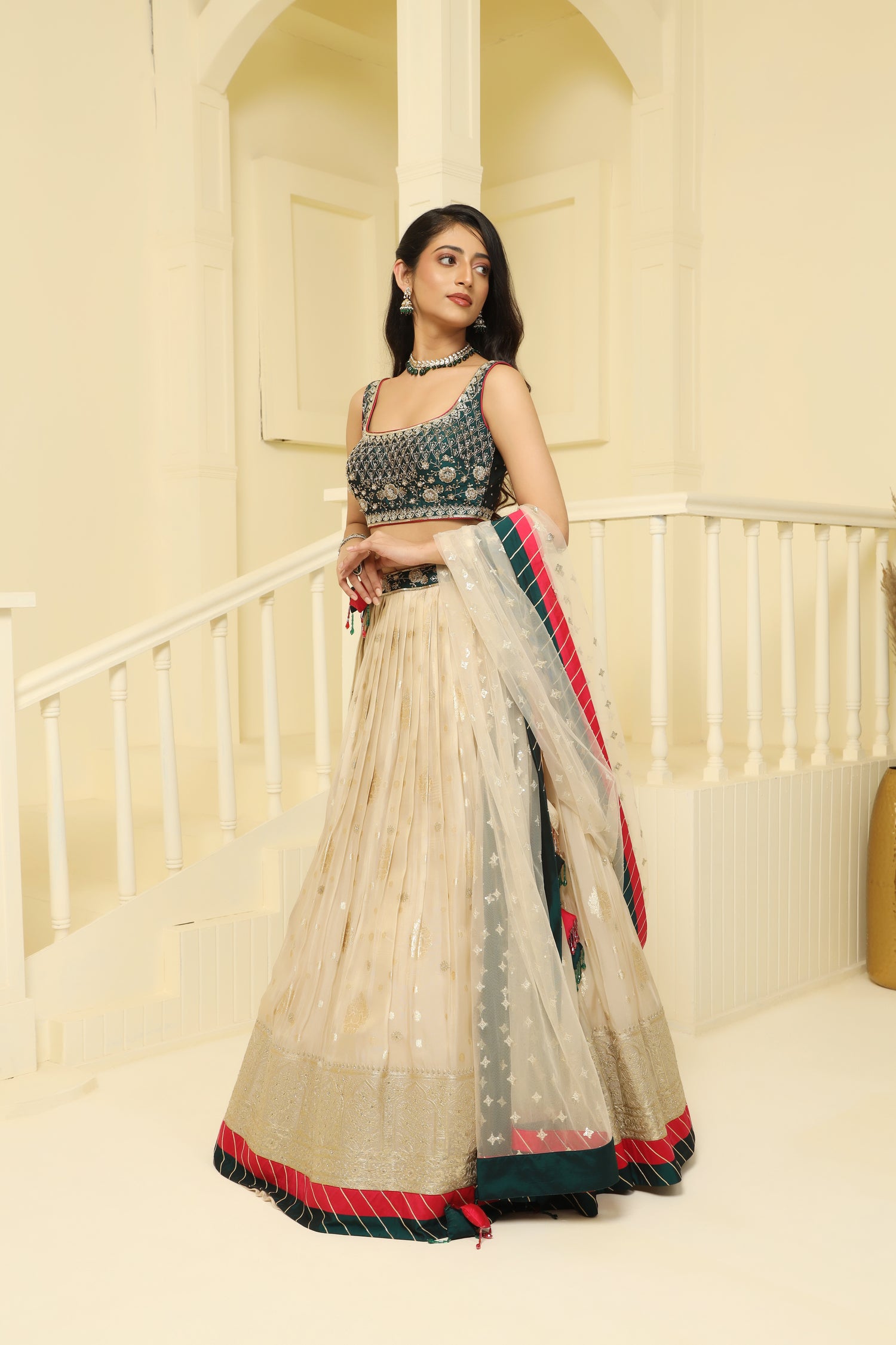 Gold and green embroided Tissue  lehenga set