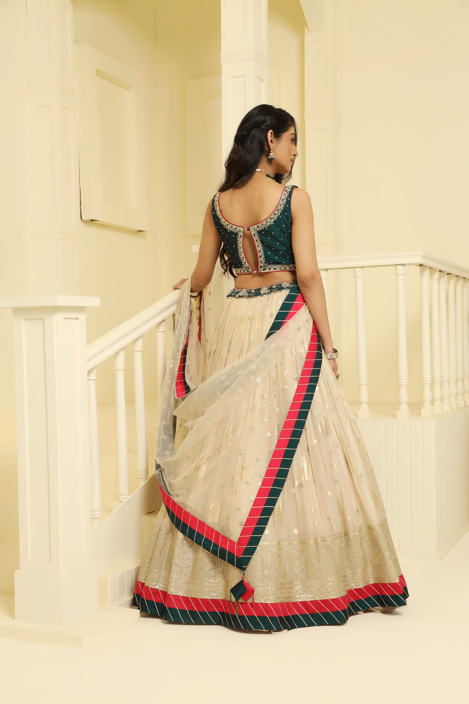 Gold and green embroided Tissue  lehenga set