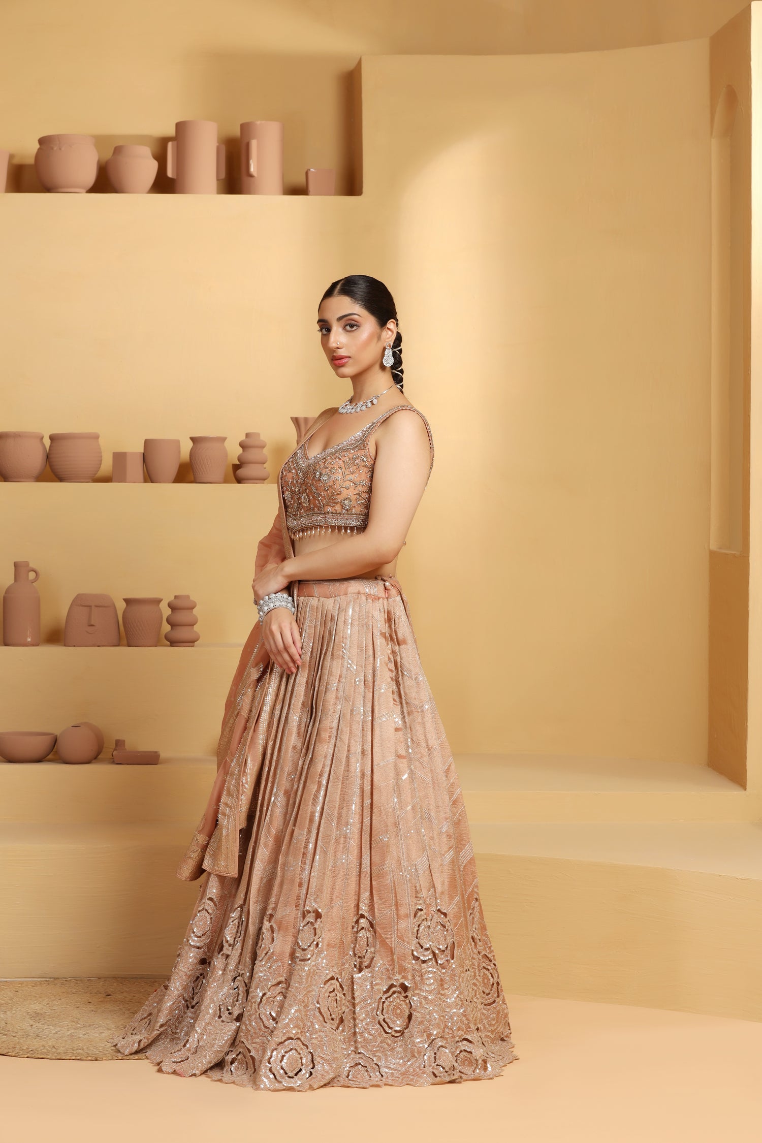 Nakshi and sequin work choli with a cutwork Tissue Lehenga