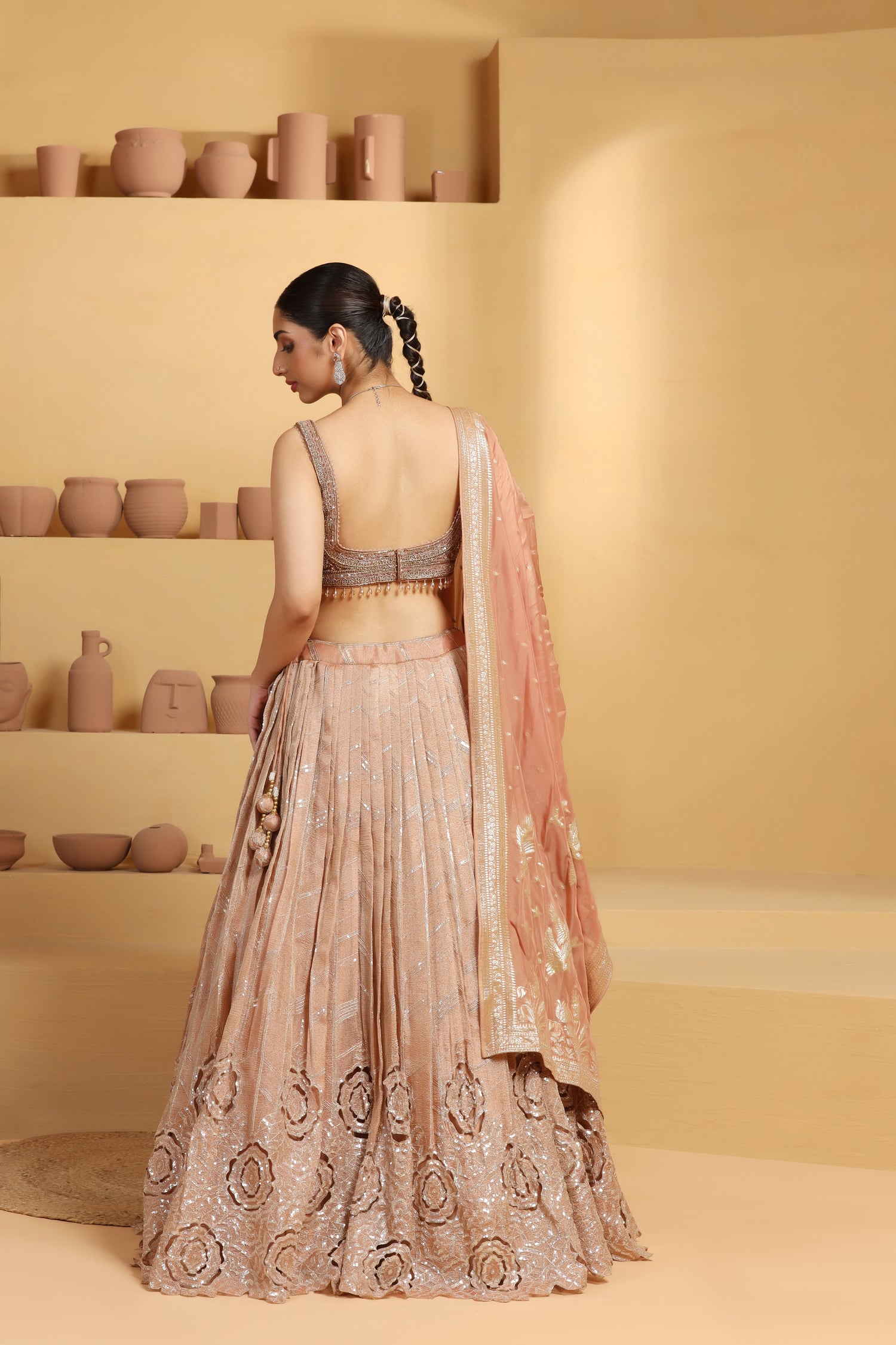 Nakshi and sequin work choli with a cutwork Tissue Lehenga