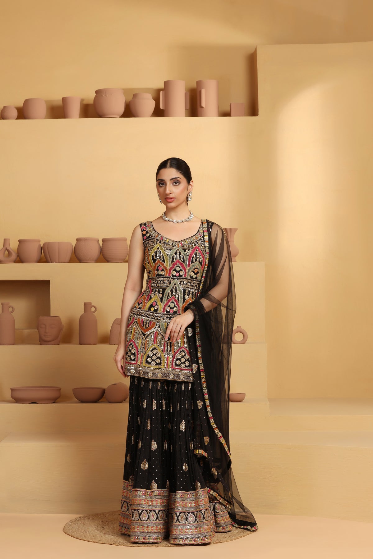 Multicolor silk  embroidery with sequins work Banarsi Jacquard sharara, net dupatta with manual embroidery