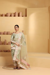 Combination of color patch and dori sequin crafted Suit set with net border Dupatta