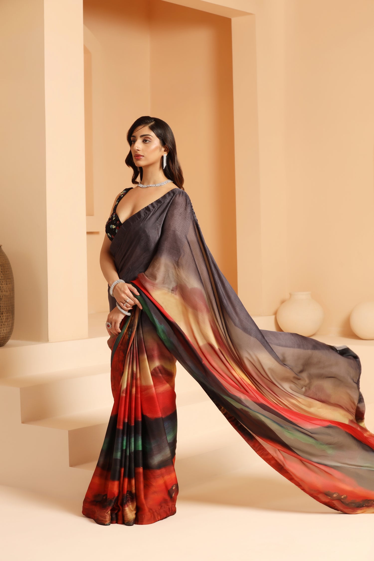 Multi-Colored Organza Chiffon Digital Printed Saree Set