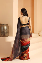 Multi-Colored Organza Chiffon Digital Printed Saree Set