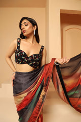 Multi-Colored Organza Chiffon Digital Printed Saree Set