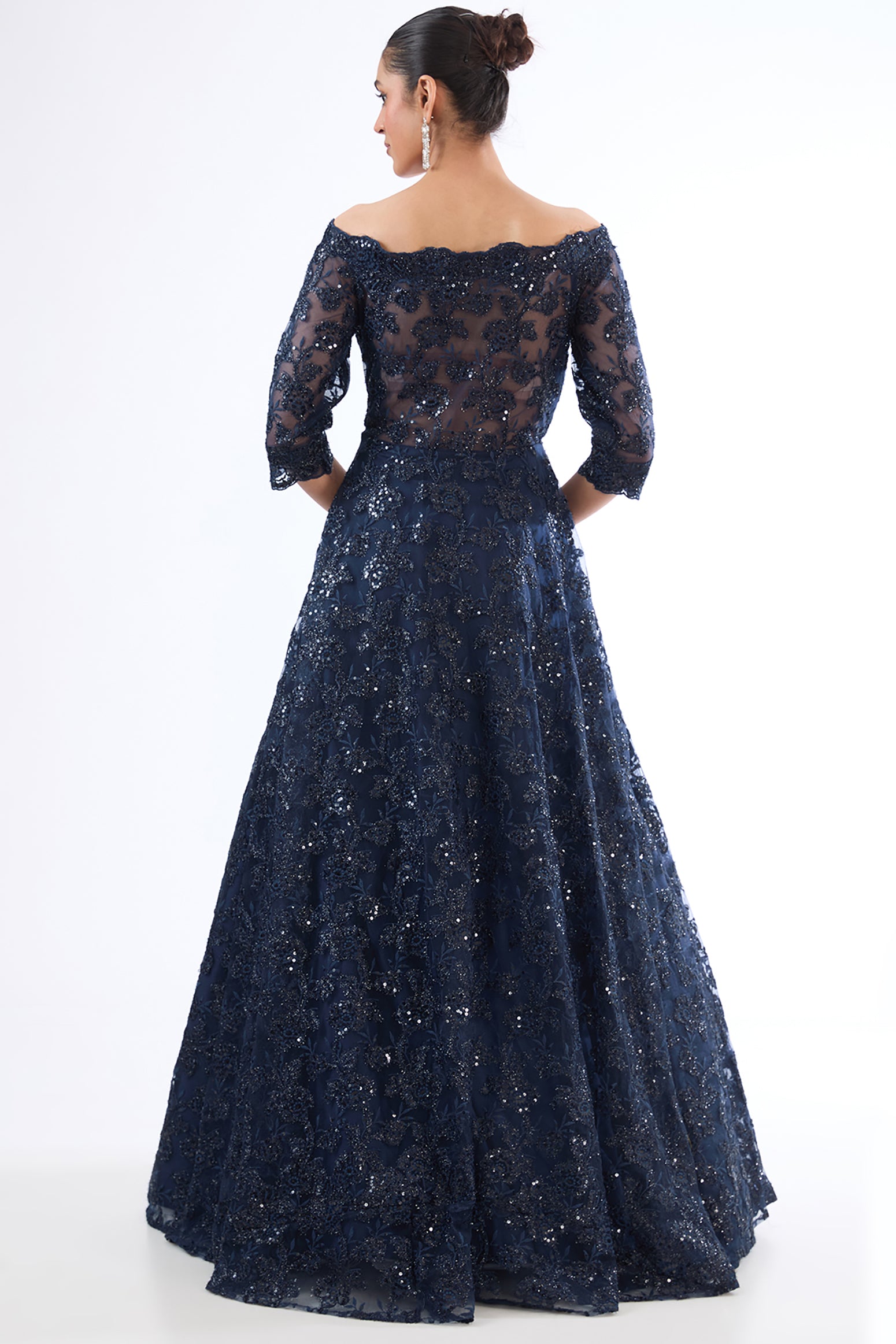 Navy Blue Net Sequin & Thread Work Off-Shoulder Gown