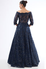 Navy Blue Net Sequin & Thread Work Off-Shoulder Gown